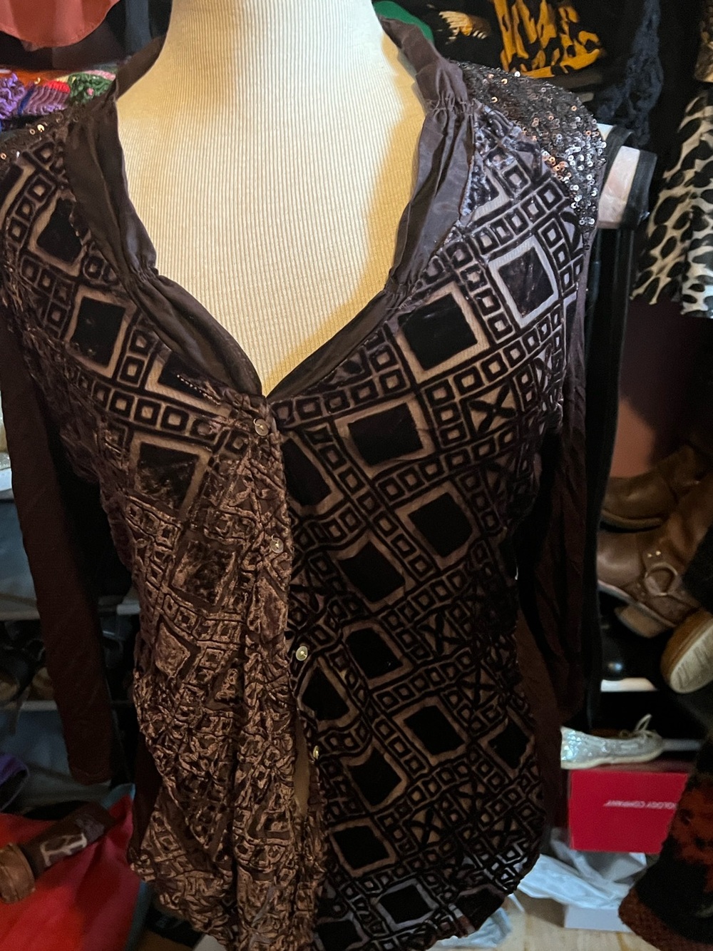 Tiny Anthropologie Velvet Button Up Shirt Brown XL